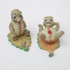2 Vintage Homco Ceramic Cute Happy Turtle on Leaf Figurines Ladybug 1123 Taiwan